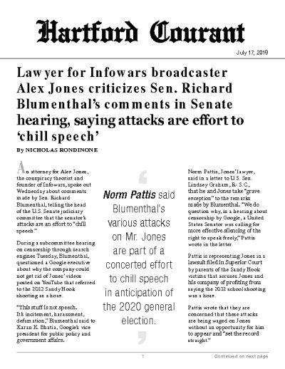Lawyer for Infowars broadcaster Alex Jones criticizes Sen. Richard Blumenthal’s comments in Senate hearing, saying attacks are effort to ‘chill speech’