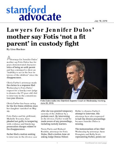Lawyers for Jennifer Dulos’ mother say Fotis ‘not a fit parent’ in custody fight
