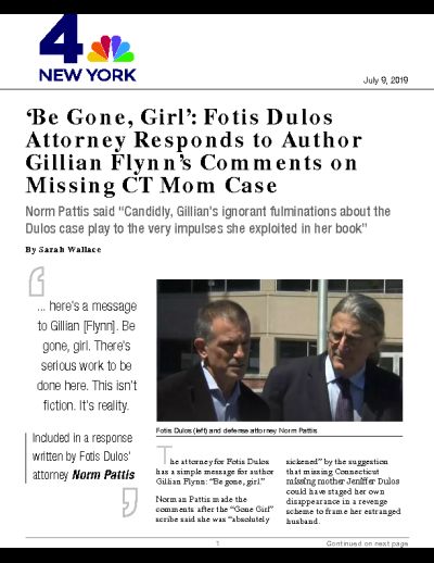 'Be Gone, Girl': Fotis Dulos Attorney Responds to Author Gillian Flynn's Comments on Missing CT Mom Case