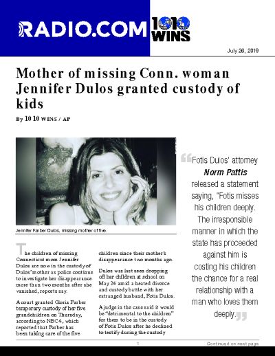 Mother of missing Conn. woman Jennifer Dulos granted custody of kids