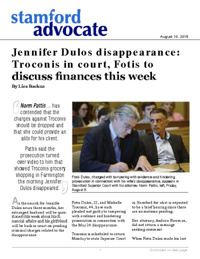 Jennifer Dulos disappearance: Troconis in court, Fotis to discuss finances this week