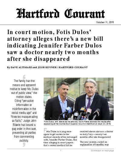In court motion, Fotis Dulos’ attorney alleges there’s a new bill indicating Jennifer Farber Dulos saw a doctor nearly two months after she disappeared