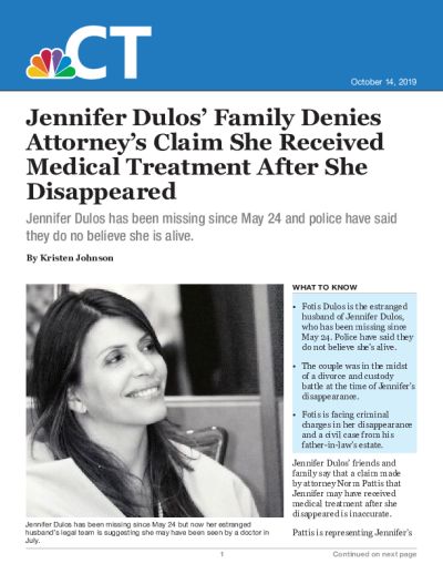 Jennifer Dulos' Family Denies Attorney's Claim She Received Medical Treatment After She Disappeared