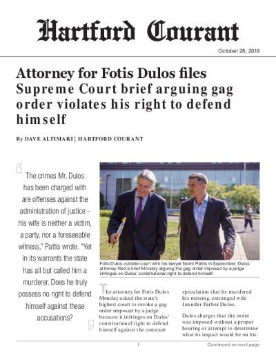 Attorney for Fotis Dulos files Supreme Court brief arguing gag order violates his right to defend himself
