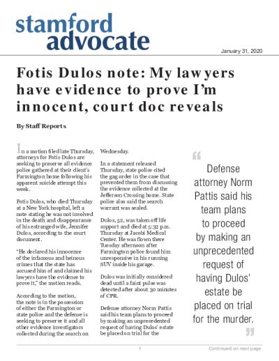 Fotis Dulos note: My lawyers have evidence to prove I’m innocent, court doc reveals