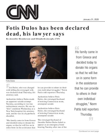 Fotis Dulos has been declared dead, his lawyer says