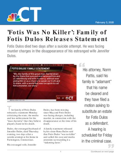 ‘Fotis Was No Killer’: Family of Fotis Dulos Releases Statement