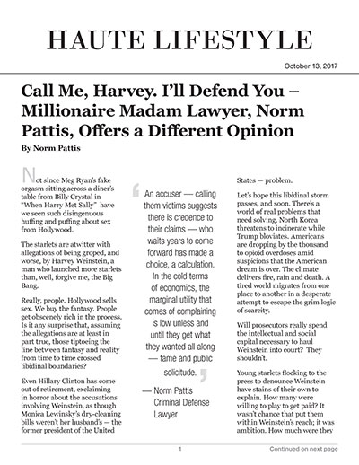 Call Me, Harvey. I’ll Defend You – Millionaire Madam Lawyer, Norm Pattis, Offers a Different Opinion