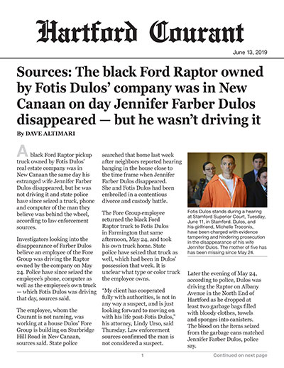 Sources: The black Ford Raptor owned by Fotis Dulos’ company was in New Canaan on day Jennifer Farber Dulos disappeared – but he wasn’t driving it