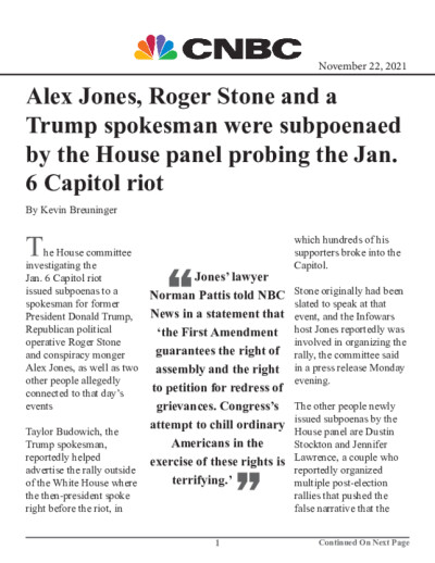 Alex Jones, Roger Stone and a Trump spokesman were subpoenaed by the House panel probing the Jan. 6 Capitol riot