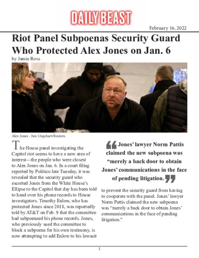 Riot Panel Subpoenas Security Guard Who Protected Alex Jones on Jan. 6