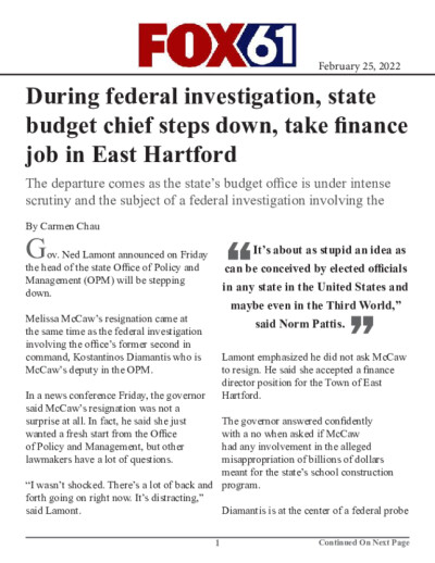 During federal investigation, state budget chief steps down, take finance job in East Hartford