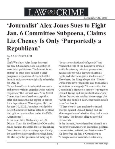 ‘Journalist’ Alex Jones Sues to Fight Jan. 6 Committee Subpoena, Claims Liz Cheney Is Only ‘Purportedly a Republican’
