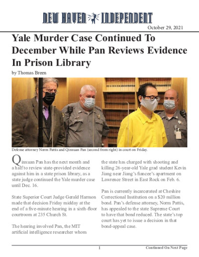 Yale Murder Case Continued To December While Pan Reviews Evidence In Prison Library