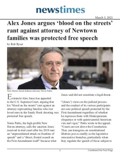 Alex Jones argues 'blood on the streets' rant against attorney of Newtown families was protected free speech