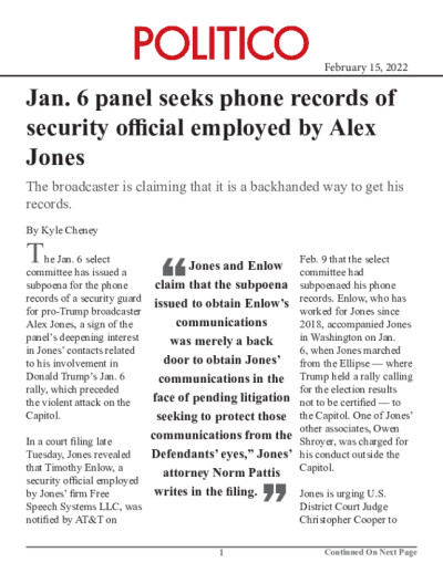 Jan. 6 panel seeks phone records of security official employed by Alex Jones