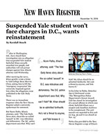 Suspended Yale student won&rsquo;t face charges in D.C., wants reinstatement